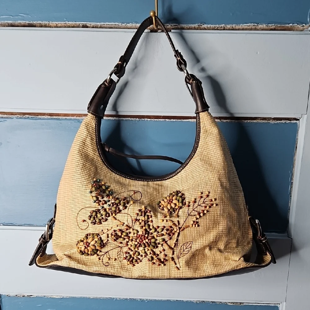 Worthington Vintage Wood Beaded Embroidered Floral Beige Hobo Handbag